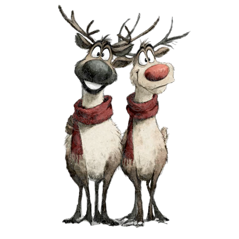 Reindeer couple christmas illustration two cartoon reindeer wearing red scarves standing together Grey Barn Handwerk, Saskatchewan.